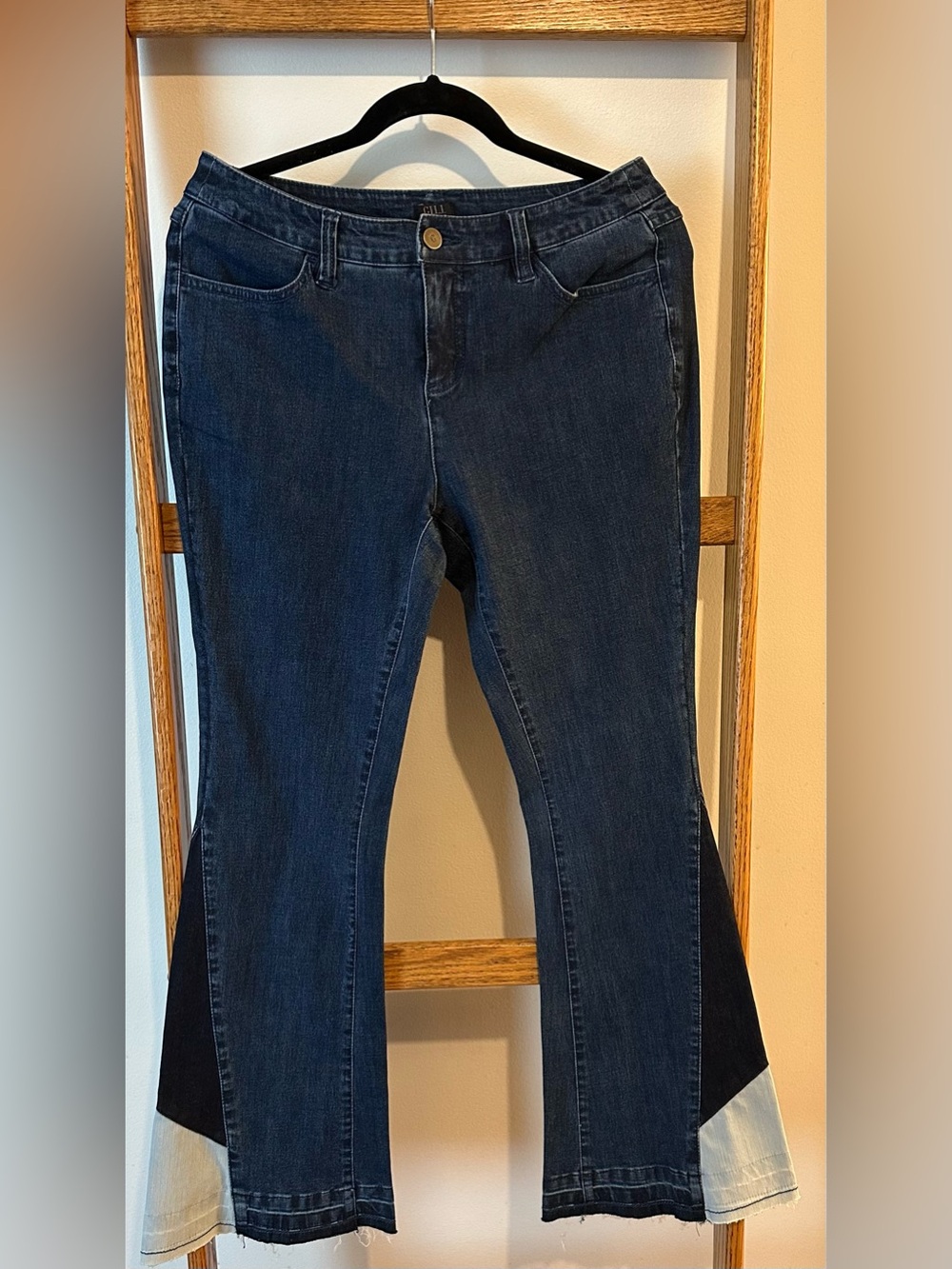 Dark Blue Women's Flare Jeans With Navy and Light Blue Flares